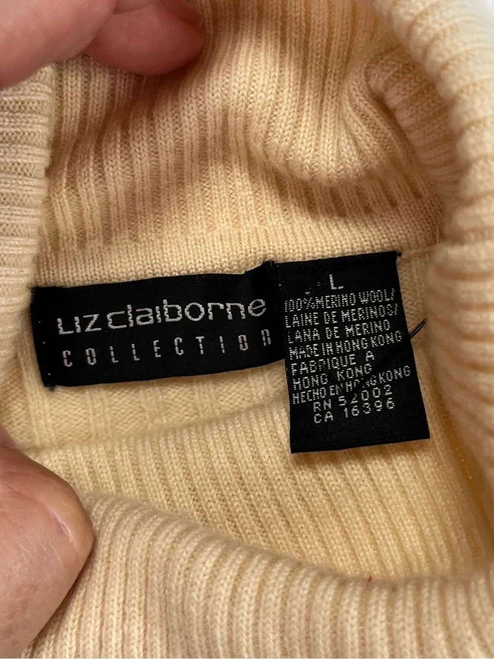 Liz Claiborne 100% Merino Wool Vintage Cream Ribbed Turtleneck Sweater Size L